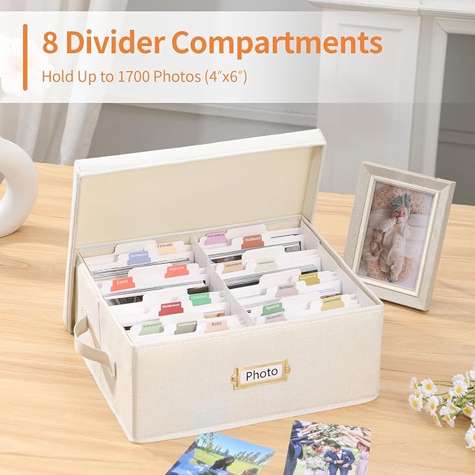 Aokeyee Photo Storage Box Holds 3400+ 4x6 Pictures | Photo Organizer Box | 8 Dividers | 24 Paperboard | with Blank Label