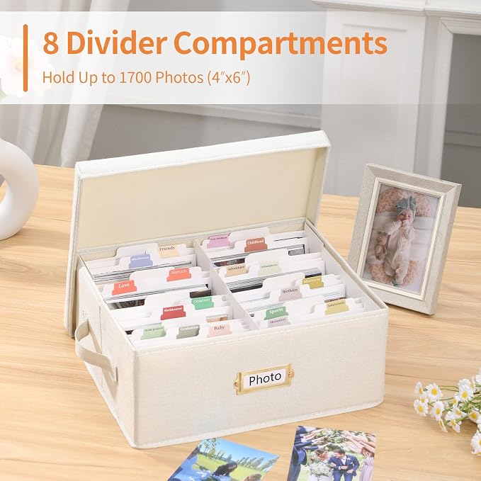 Aokeyee Photo Storage Box Holds 1700+ 4x6 Pictures | Photo Organizer Box | 8 Dividers | 24 Paperboard | with Blank Label