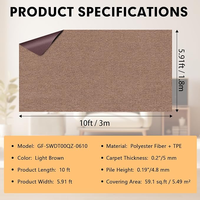 Grefinity Marine Carpet,6 FT x 10 FT Light Brown Indoor Outdoor Carpet 0.2" Thick Boat Rug with Water-Proof TPE Backing for Home, Patio, Porch, Deck