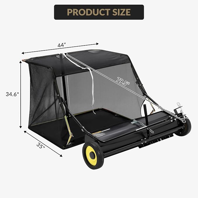Tow Behind Lawn Sweeper, 44" Pull Behind Collector – Large Capacity Leaf & Grass Collector with Adjustable Height, Dumping Rope Design for Debris and Lawn Clippings