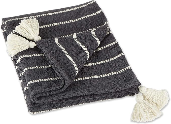 DII Striped Throw Collection Cotton Slub, Hand-Tied Tassels, 50x60, Mineral Gray & Off-White