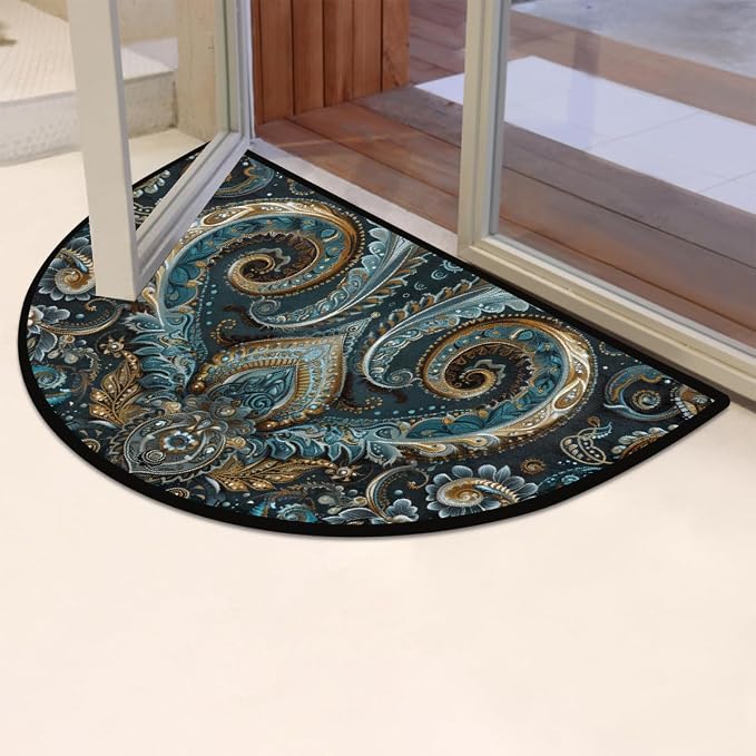 Paisley Half Round Doormat Non-Slip Semi Circle Rug Half Moon Mat | Ethnic Turquoise Washable Soft Absorbent Indoor Outdoor Entrance Kitchen Bathroom Sink Patio Welcome Fireplace Floor Rug