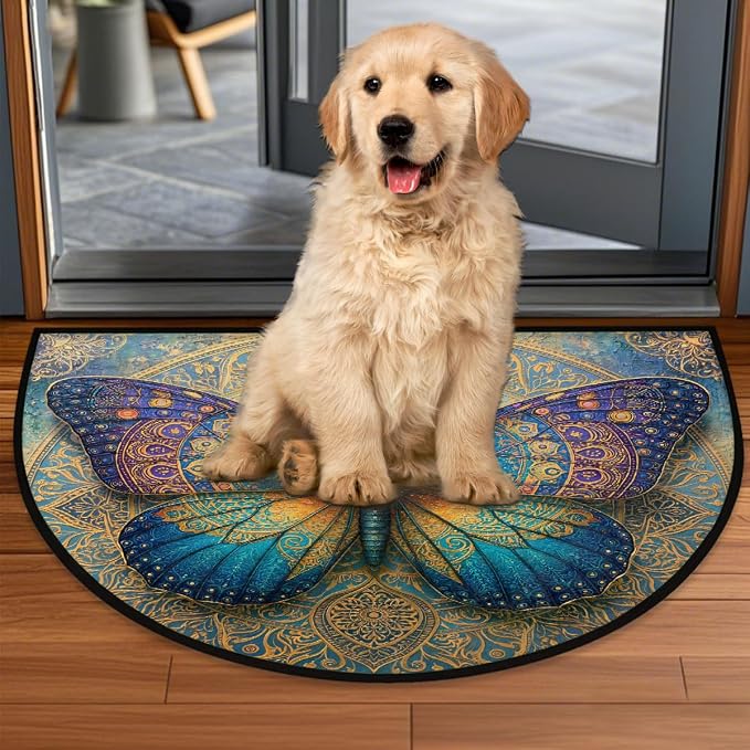 Butterfly Half Round Door Mat Semi Circle Rug Half Moon Doormat | Soft Washable Turquoise Gold Welcome Entrance Mat for Outdoor Indoor Floor Bedroom Bathroom Home Kitchen Festival Decor