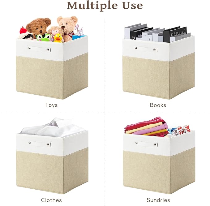 FinishingBo 13x13x13 Storage Cube Bins 4 Pack, Cube Shelf Baskets | Foldable Storage Cubes, Linen Storage Bins with Handles, Closet Organizers, White/Khaki