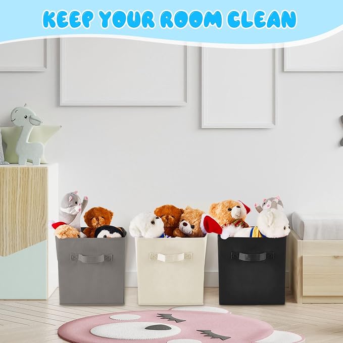 Yinder 12 Pcs Cube Storage Bin Grey 10.5''x10.5''x11'' Black Beige Storage Bins for Playroom Decor Colorful Bins for Kids Foldable Baskets for Nursery Organizer Boxes Fabric Boxes