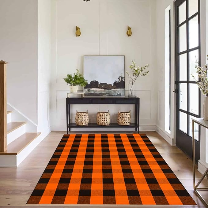 Buffalo Plaid Outdoor Rugs, 4' x 6' Orange and Black Checkered Indoor/Outdoor Area Rug, Layering Rug for Hello/Welcome Door Mat, Washable Cotton Woven Farmhouse Mat for Fall Front Porch Décor