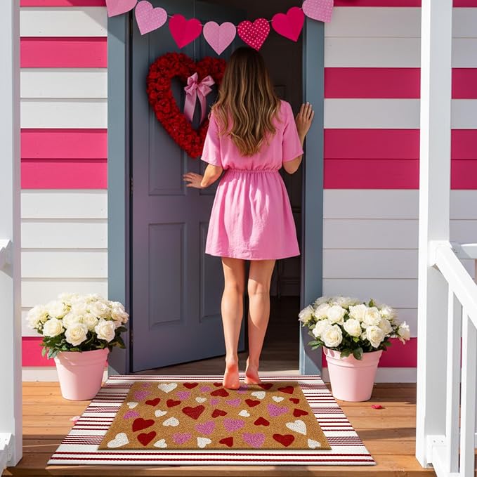 Moucuny 2 Pcs Valentine's Day Coir Welcome Doormat Outdoor Valentine's Day Rug Layered Red and White Stripe Mat Red Heart Mat for Front Porch Outdoor Entryway