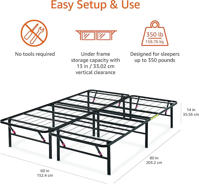 Amazon Basics Bed Frame with Storage, Foldable Metal Platform, Sturdy Steel, No Box Spring Needed, 14-inch High, Tool-Free Setup, Noise Free, Easy Assembly, Queen Size, Black