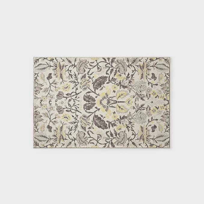 EVERGRACE Area Rugs for Entryway 2x3, Boho Floral Faux Wool Indoor Outdoor Small Rugs, Washable Rugs for Bedroom Bathroom Laundry Doormat, Low Pile Floor Mat Carpet for Home Decor, Gray