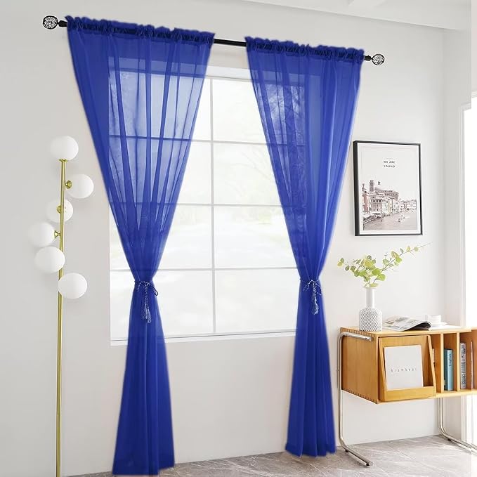 Youleyar Solid Sheer Rod Pocket Curtain Voile Draperies 2 Panels White Beige Black Ivory Coffee 26 Inch Width 40 Inch Long 1 Pair for Kitchen Bedroom Children Living Room Yard(Blue Sapphire,26W x 40L)