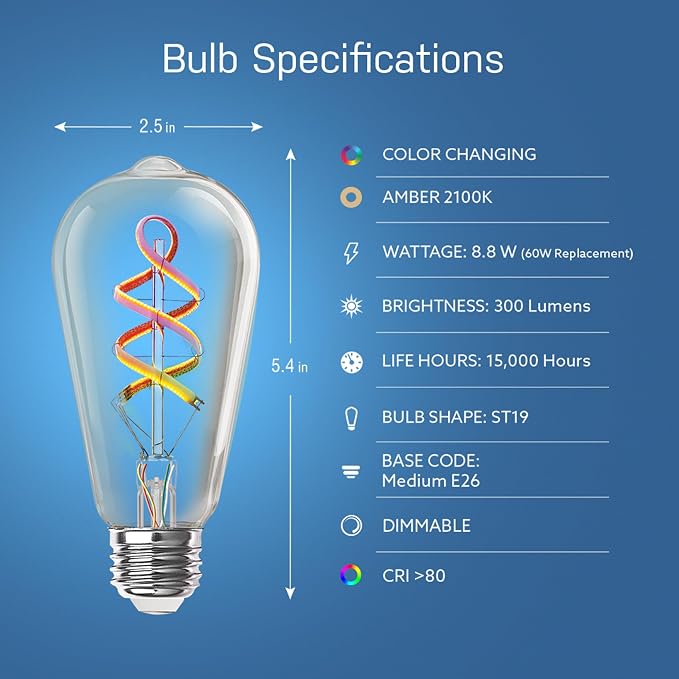 Feit Electric Smart ST21 Light Bulb, 60W Eq, Dimmable, Spiral Filament Edison Style. WiFi Enabled, Works with Alexa/Google Home, Millions of Colors, 15,000-Hr. Lifetime, ST2160RGBWFILAG/RP/3, 3 Pack