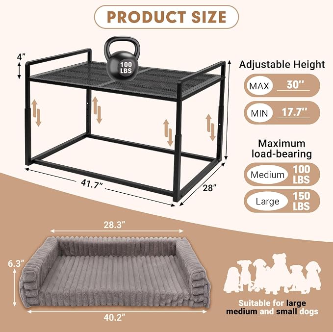 Adjustable Bedside Dog Bed for Large Dogs, Elevated Dog Co-Sleeper with Metal Frame, Memory Foam Mattress & Washable Corduroy Cover, Pet Bedside Sleeper for Dogs & Cats