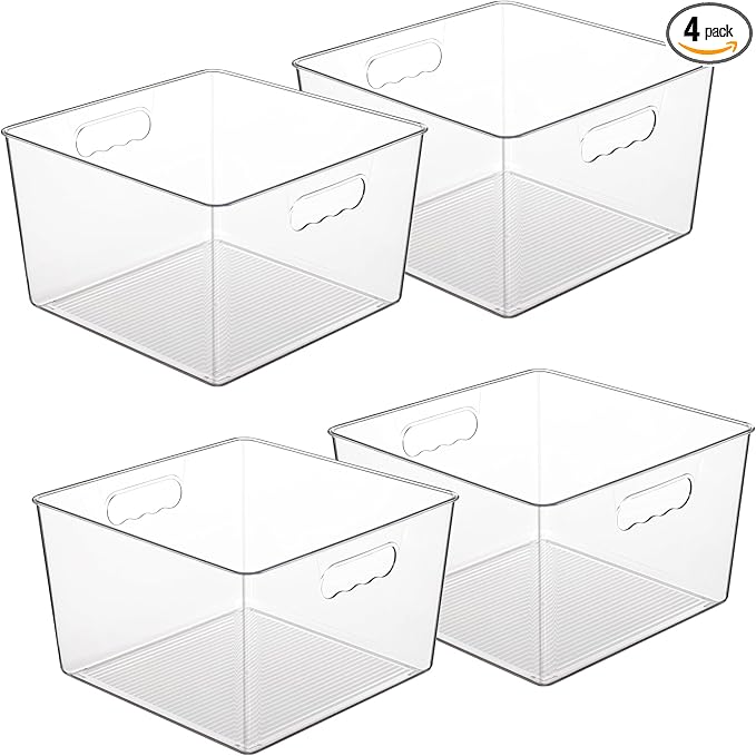 Vtopmart 4 Pack Extra Large Clear Storage Bins, 11x11 Cube Organizer | Acrylic Cube Storage Bins, Plastic Containers with Handle for Pantry, Kitchen, Closet, Laundry Room, Bathroom, Under Sink