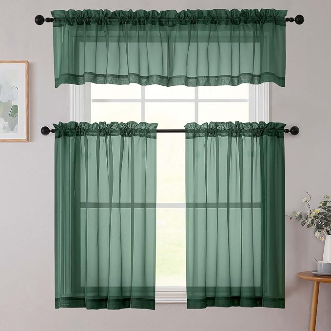 Hunter Green Kitchen Curtains 30 Inch Length Tier 2 PCS, Solid Soft Half - Image 8