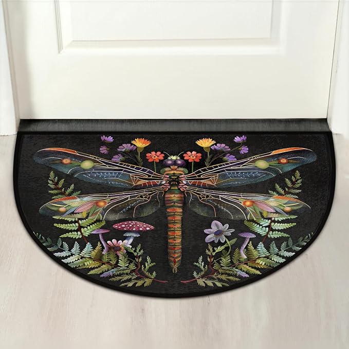 Dragonfly Half Round Doormat Washable Semi Circle Rug Kitchen Outdoor Rugs | Dragonfly Half Moon Rugs Non Slip Absorbent Entrance Floor Mat for Indoor Outdoor Bathroom Bedroom Fireplace Carpet Decor