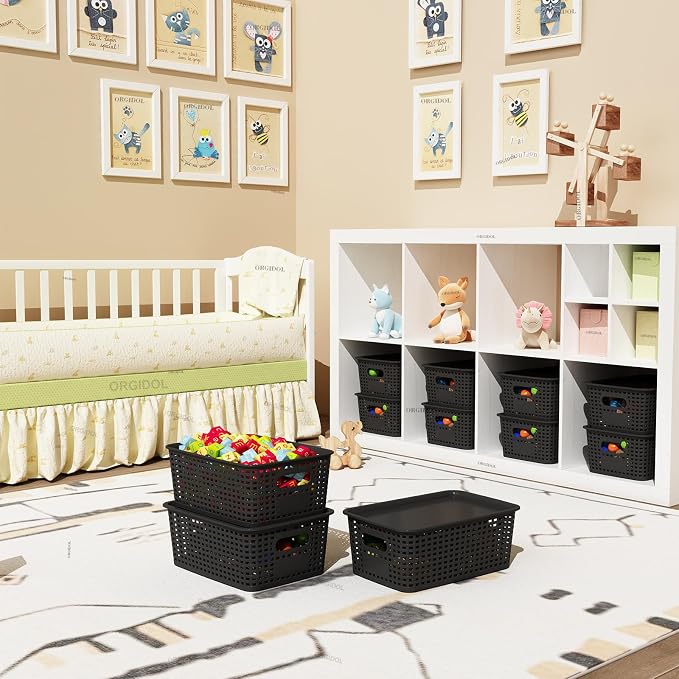 ORGIDOL Plastic Storage Basket with Lids 12 Pack Stackable Black Storage Bins Containers with Lid, Decorative Storage Boxes for Organizing Shelves, Drawers, Playroom, Classroom, Office, Closet
