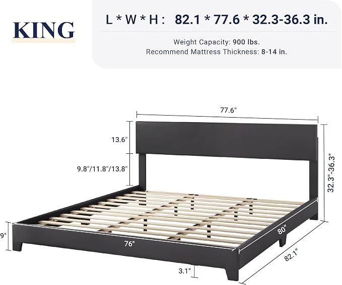 Allewie King Size Faux Leather Bed Frame, Adjustable Headboard, Black | Platform Bed with Heavy Duty Mattress Foundation, Noise-Free, Easy Assembly, Wood Slat Support, No Box Spring Needed