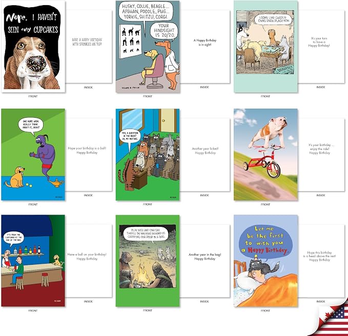NobleWorks, 36 Assorted Box Set Funny Birthday Greeting Cards w/ 5 x 7 Inch Envelopes for Men and Women (36 Designs, 1 Each) Bday Pet Party AC10799BDG-B1x36