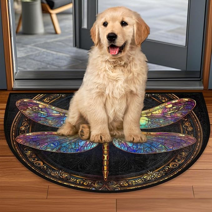 Pardick Half Round Doormat Gold Animal Dragonfly Semi Circle Rug Non Slip Indoor Outdoor Entrance Half Moon Rug Washable Front Floor Mat for Kitchen Bathroom Patio Fireplace Holiday Decor