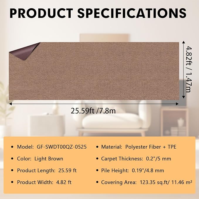 Grefinity Marine Carpet,5 FT x 25 FT Light Brown Indoor Outdoor Carpet 0.2" Thick Boat Rug with Water-Proof TPE Backing for Home, Patio, Porch, Deck