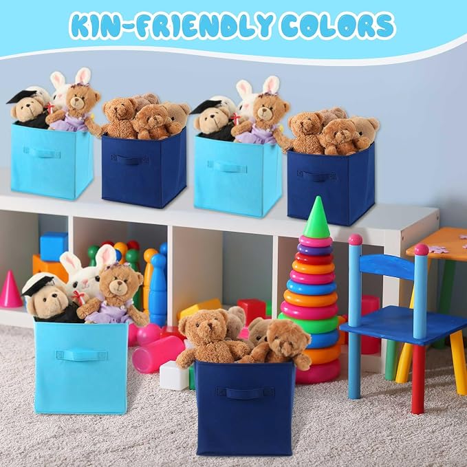 Yinder 12 Pcs Cube Storage Bin Blue 10.5''x10.5''x11'' Storage Bins for Playroom Decor Colorful Bins for Kids Foldable Baskets for Nursery Organizer Boxes Fabric Boxes(Dark and Light Blue)