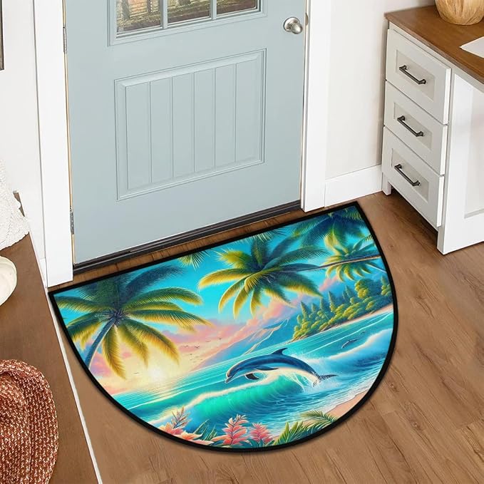 Palm Tree Half Round Door Mat Non Slip Half Circle Rugs | Art Summer Washable Half Moon Rug Semi Circle Rugs Indoor Entrance Floor Carpet for Kithen Bedroom Fireplace Decor