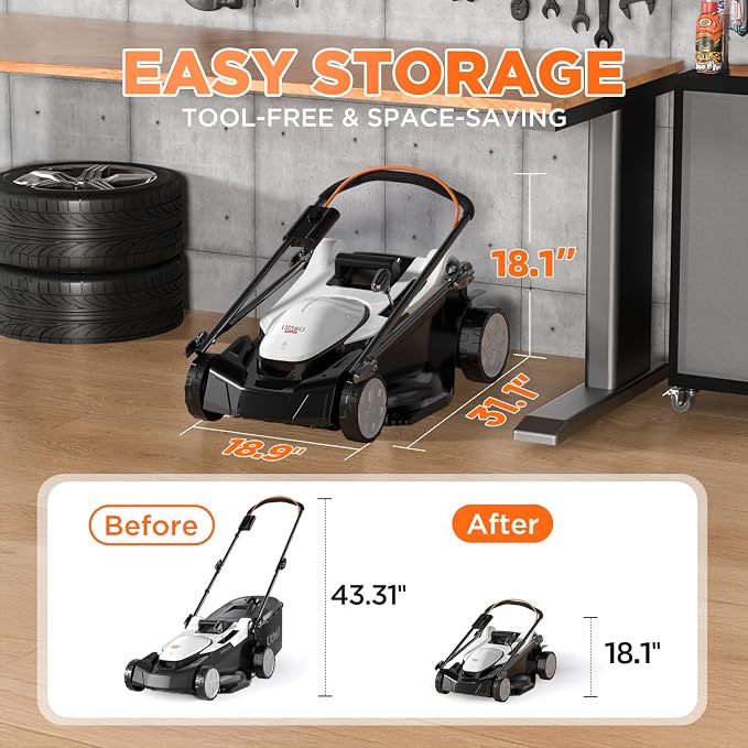 Litheli 40V Coreless Lawn Mower 18inch, Battery Powered with 6-Position Height Adjustment, 2x4.0Ah Battery Include