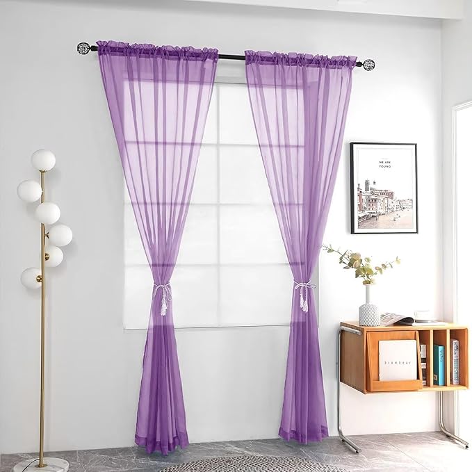youleyar Solid Sheer Rod Pocket Curtain Voile Draperies 2 Panels White Beige Black Ivory Coffee 26 Inch Width 24 Inch Long 1 Pair for Kitchen Bedroom Children Living Room Yard(Lavender,26W x 24L)