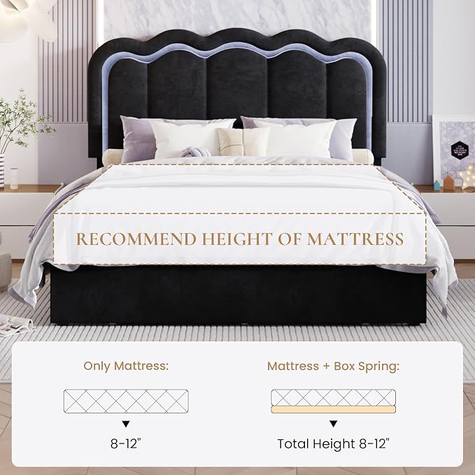 SHA CERLIN Full Size Bed Frame with LED Lights and Storage Drawer, Black | Upholstered Velvet Platform Bed with Adjuatable Wavy Headboard, Noise-Free, Easy Assembly,No Box Spring Needed