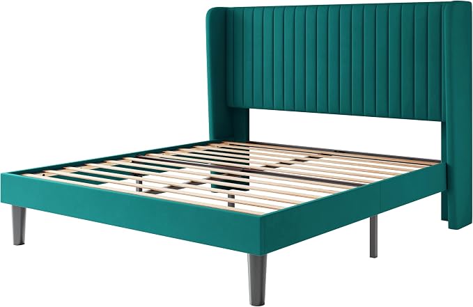 SHA CERLIN Queen Size Velvet Bed Frame, Tufted Wingback Headboard, Teal | 47'' Modern Vertical Channel Headboard, Upholstered Platform Bed, Wood Slats, No Box Spring Needed, Easy Assembly, Noise Free
