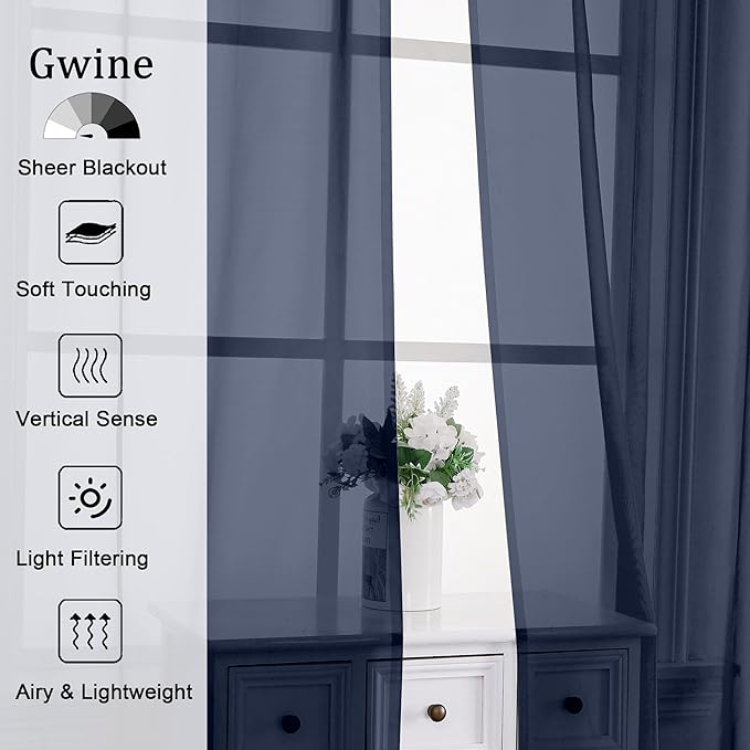 Gwine Navy Blue Sheer Curtains 63 Inch Length - Image 2