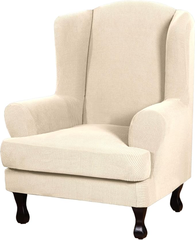 H.VERSAILTEX 2 Piece Stretch Jacquard Wingback Chair Covers Slipcovers Wing Chair Covers (Base Cover Plus Seat Cushion Cover) Furniture Covers Form Fitted Thick Soft, Biscotti Beige