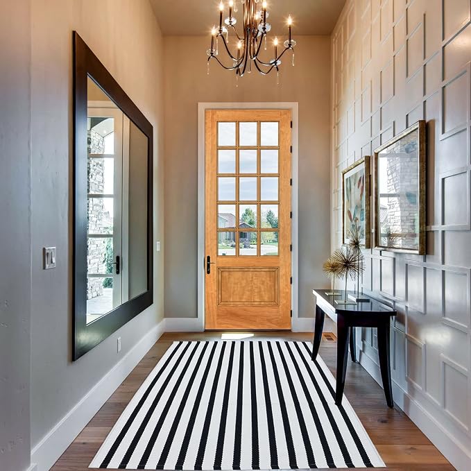 Bottalive Black and White Outdoor Rug 3' x 5' Striped Front Porch Rug Hand-Woven Cotton Rug Machine Washable Floor Mat Indoor/Outdoor Area Rug for Layered Door Mats/Farmhouse/Living Room (3' x 5')