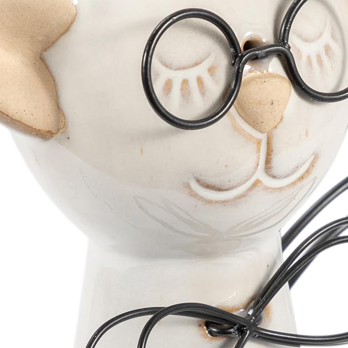 Ceramic Cat Figurine Sculpture – Playful Room Decor Accent, Shelf, Desk, or Console Placement, Whimsical Cat Home Decor With Glasses and Bow – 11", White