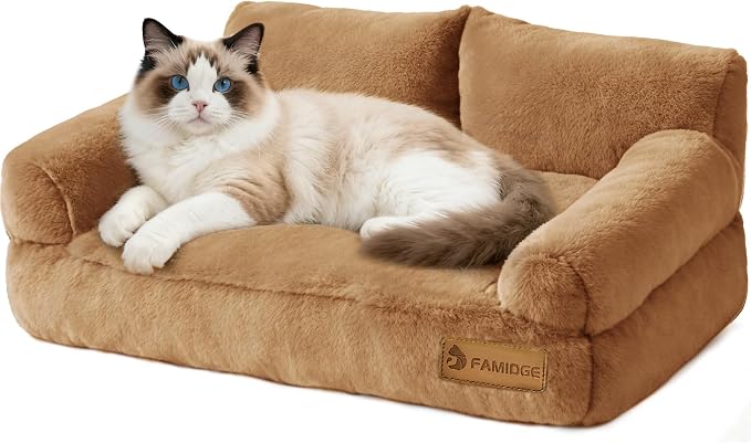 FAMIDGE Plush Cat Couch Bed - Cat Bed for Indoor Cats, Dog Sofa Bed, Short Rabbit Fleece Calming Pet Couch with Removable Cover, Anti-Shedding Pet Sofa for Small/Medium Pets (26×18×12in, Brown)