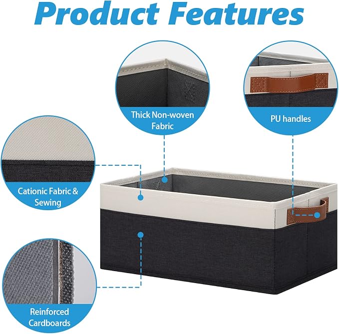 GhvyenntteS Storage Baskets for Shelves 12 Pack, Fabric Storage Bins with Leather Handles, Foldable Rectangular Storage Baskets for Organizing Home, Office (Black/White, 11.8" x 7.87" x 5.11")
