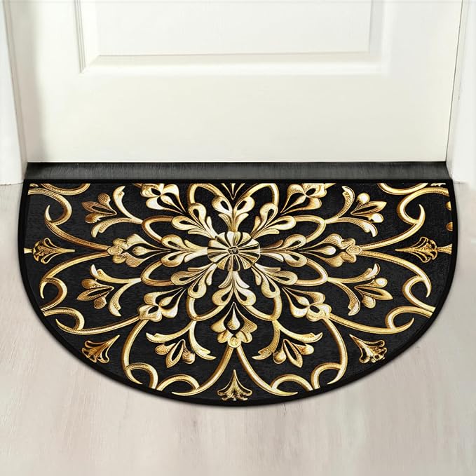 Golden Mandala Half Round Door Mat Semi Moon Rug Fireplace Carpet Area Rugs | Mandala Ethnic Non Slip Absorbent Half Circle Mat Carpet for Indoor Outdoor Patio Kitchen Bathroom Entryway Home Decor