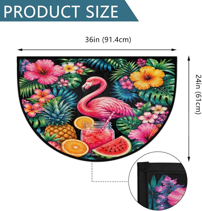 Flamingo Half Round Rug Half Moon Door Mat Half Circle Rugs | Tropical Flowers Washable Non-Slip Semi Circle Rug Welcome Half Round Door Mat Indoor Entrance Bedroom Living Room Decor B797