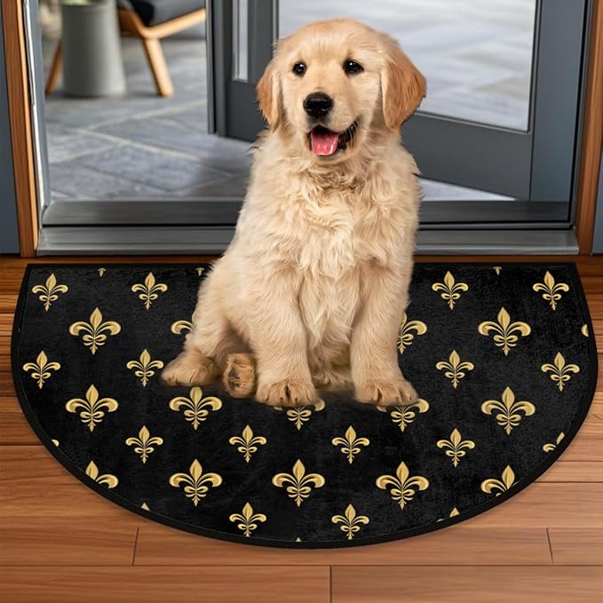 cfpolar Fleur De Lis Half Round Door Mat Indoor Entrance Half Circle Area Rug Semi Circular Door Mat Half Moon Rug for Floor Bathroom Living Room Bedroom Kitchen Fireplace 24"x36",A-01