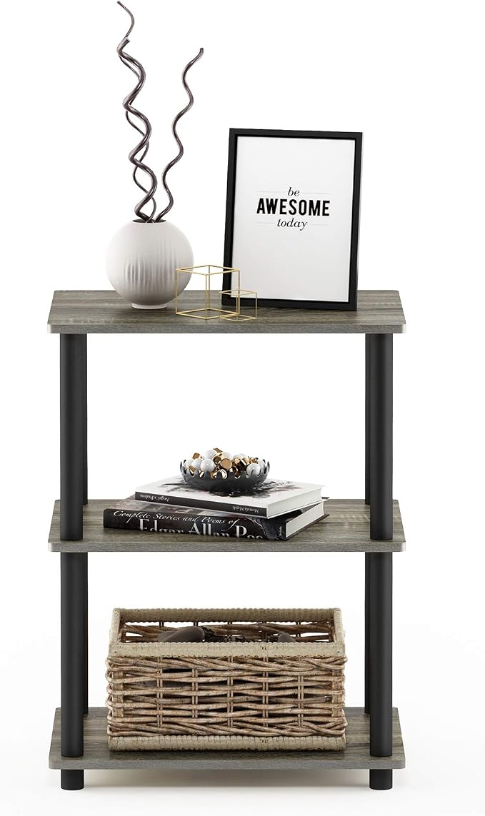 Furinno Turn-N-Tube No Tool 3-Tier Storage Shelf, Narrow, French Oak Grey/Black | Book Shelf, Corner Shelf, Open Shelves, for Organization, Living Room, Garage, Home Office