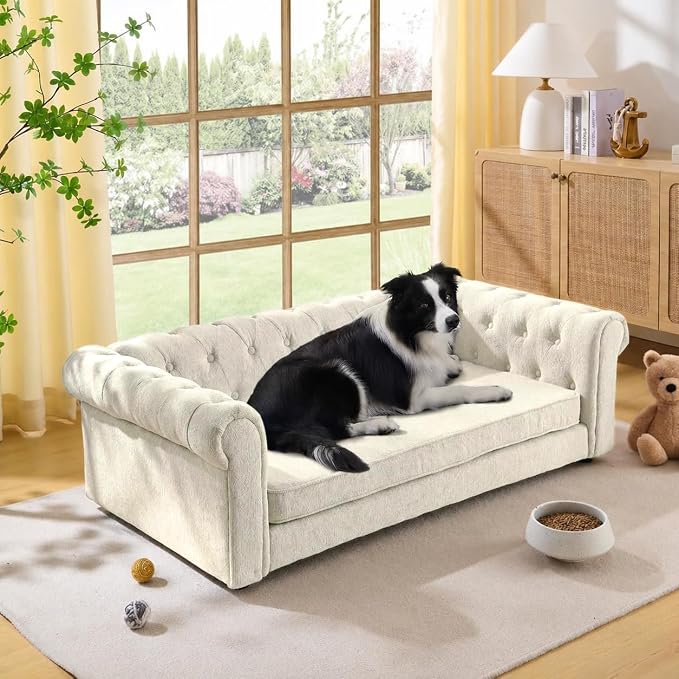 Large Dog Couch, for Large & Extra Large Dogs | Removable & Washable | No Assembly Required | Breathable Linen Fabric | Soft Foam |Floor-friendly sofa legs | Beige