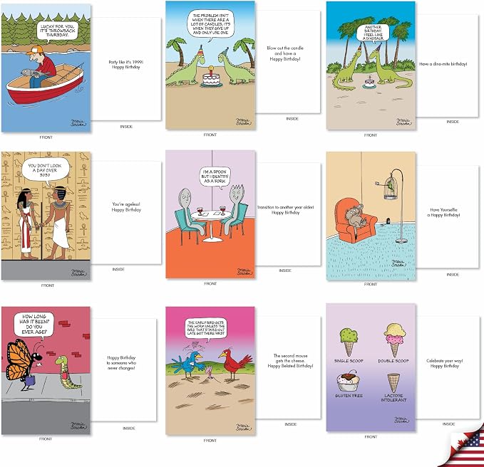 NobleWorks 36 Assorted Funny Birthday Cards Bulk Box Set with Envelopes, Rich Humor Cartoons Greeting Card Variety Pack for Men and Women (36 Designs, 1 Each) Celebrations AC7741BDG-B1x36