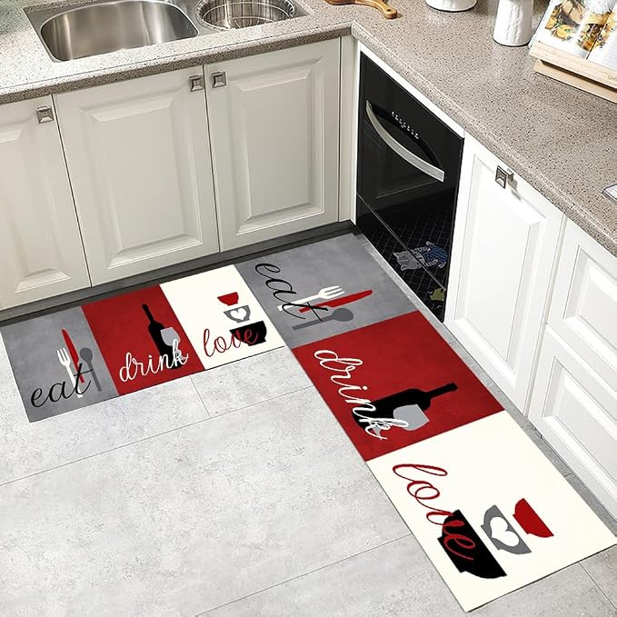 GUBIYU Set of 2 Kitchen Rugs Non Slip Red White Gray Rugs Kitchen Decor and Accessories Washable Eat Drink Love Area Rugs Motto Design Rustic Rugs for Kitchen Floor Gray Kitchen Rugs Runner Grey Mat