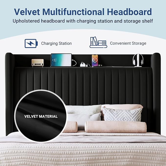 Allewie Queen Size Platform Bed Frame with USB Charging Station and Storage Shelf/Upholstered Velvet Wingback Headboard/Wooden Slats Support/No Box Spring Needed/Easy Assembly, Black