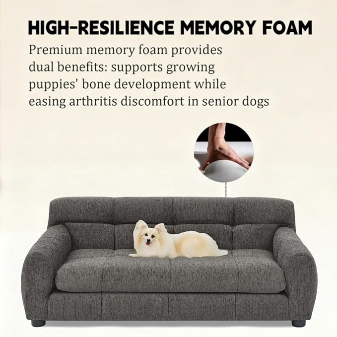 Dog Couch Bed with Backrest and Armrest, Durable Pet Sofa with Upholstered Foam Cushion, Elevated Dog Couch Bed with Legs for Medium Dogs, Stone Grey