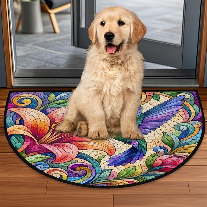 Bird Half Round Door Mat Non Slip Half Circle Rugs | Colorful Floral Washable Half Moon Rug Semi Circle Rugs Indoor Entrance Floor Carpet for Kithen Bedroom Fireplace Decor
