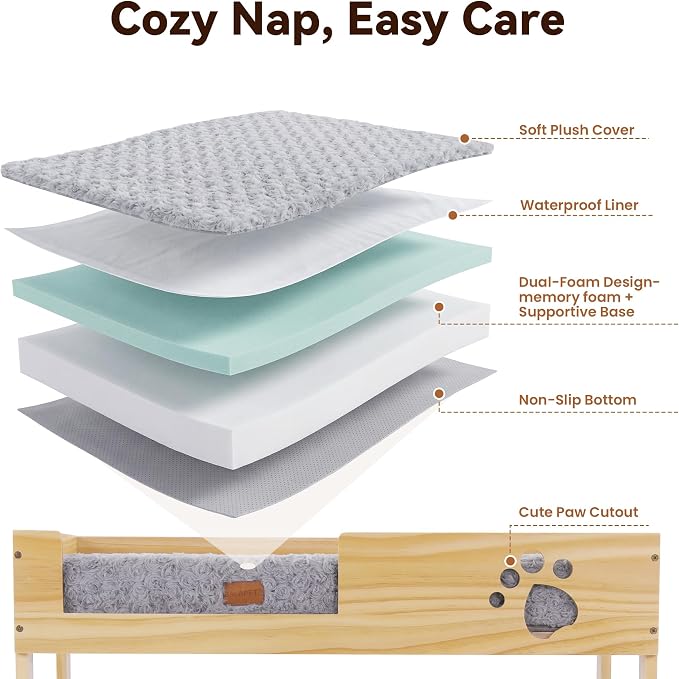 BALAPET Wooden Bunk Dog Bed with 2 Memory Foam Beds | Modern Pet Furniture, Waterproof Liners, Washable Covers, 31.1 x 20.9 x 29.9 in, Bedside Window Perch, For Medium Dogs & Cats