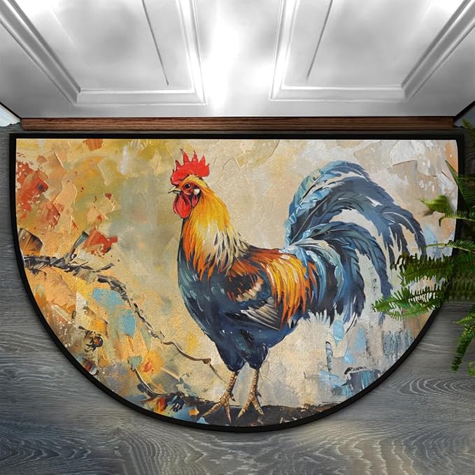 Pardick Rooster Farm Animal Anti-Slip Semi Circle Rug 24X36 Decorative Floor Mat for Kitchen Bathroom Hearth Fireplace