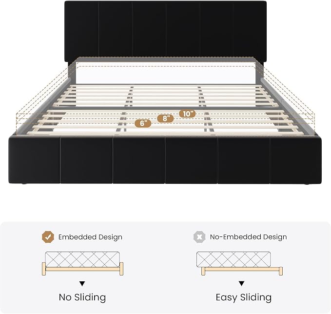 SHA CERLIN King Size Bed Frame, Velvet Upholstered Platform Bed, Vertical Channel Tufted Adjustable Headboard, Low Profile Bed Frame, No Box Spring Needed, Easy Assembly, Black