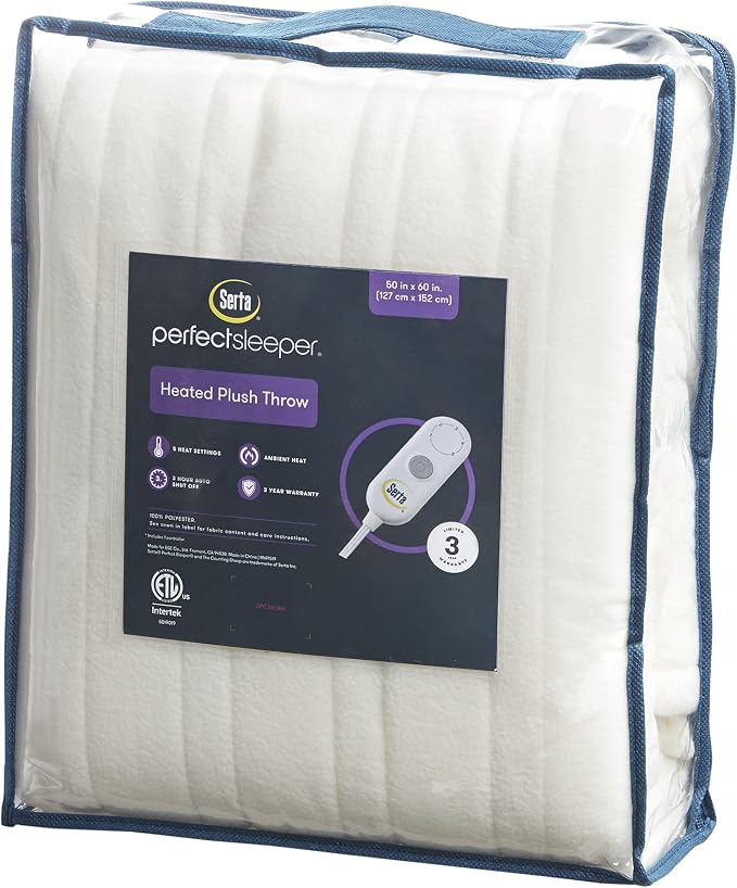 Serta Heated Electric Throw - Reversible Fleece Heating Blanket,Creme White | Dual-Layer Heated Throw Blanket With 5 Heat Settings & Auto Shut Off, Machine Washable, ETL Certified